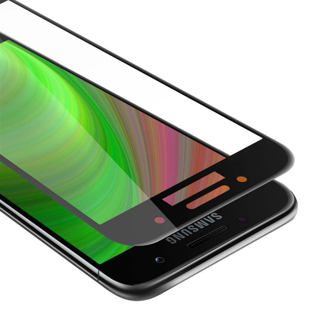 Teléfono negro con protector de pantalla aplicado, mostrando un fondo abstracto colorido.