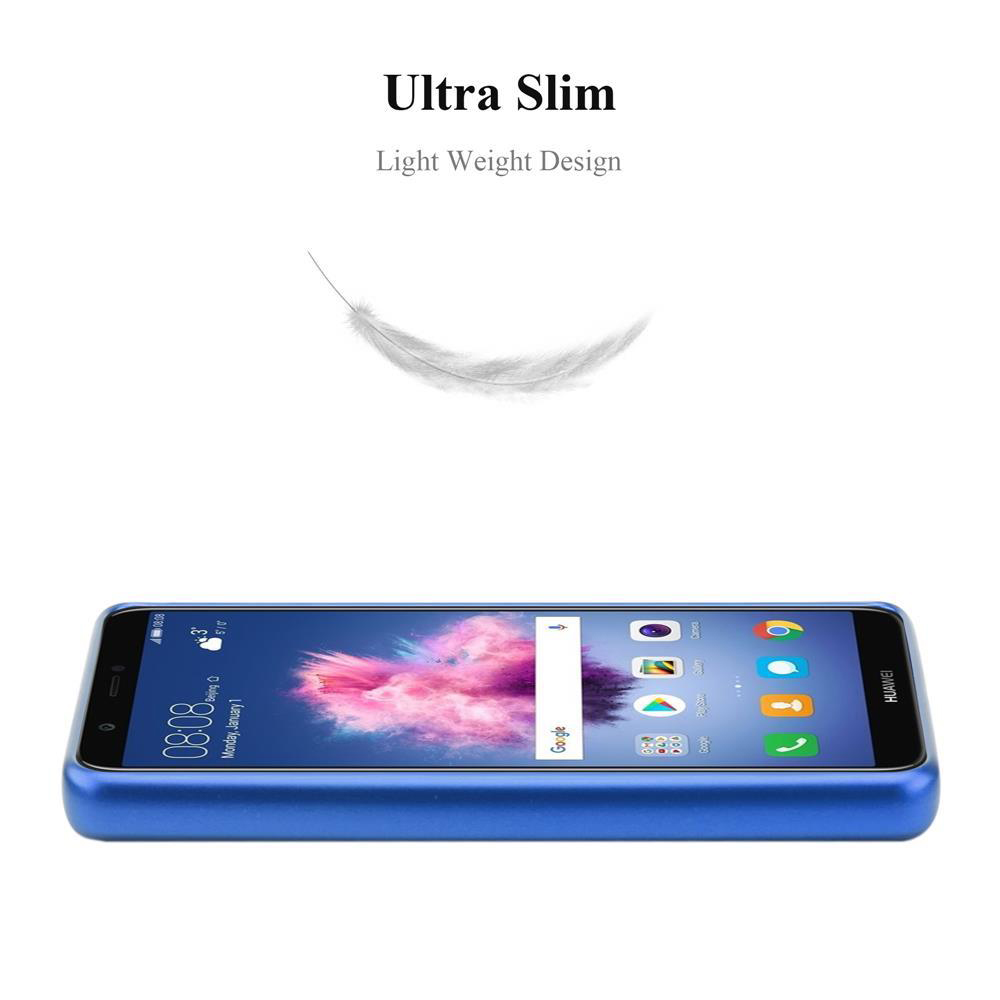 Blaue Handyhülle mit Telefon. Das Telefon hat einen Bildschirm. Eine Feder schwebt über dem Telefon.