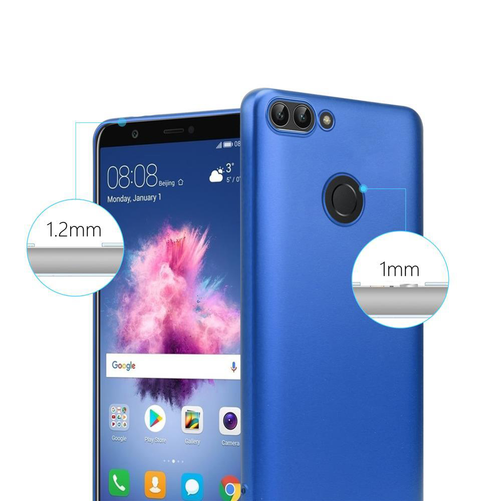 Blaue Handyhülle mit Telefon. Text zeigt erhöhte Bildschirm- und Kameramaße.