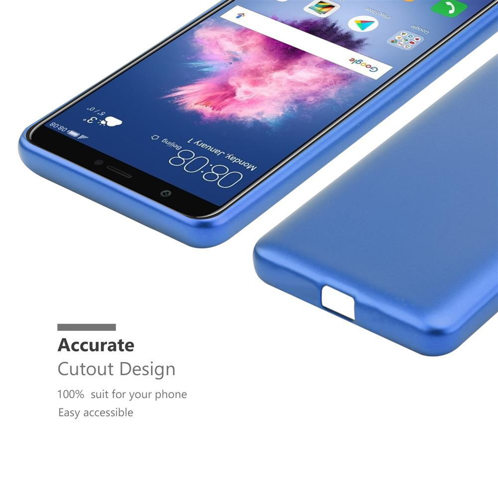 Eine Handyhülle mit einem blauen Telefon. Das Telefon liegt auf einem Tisch. Die Hülle ist blau.