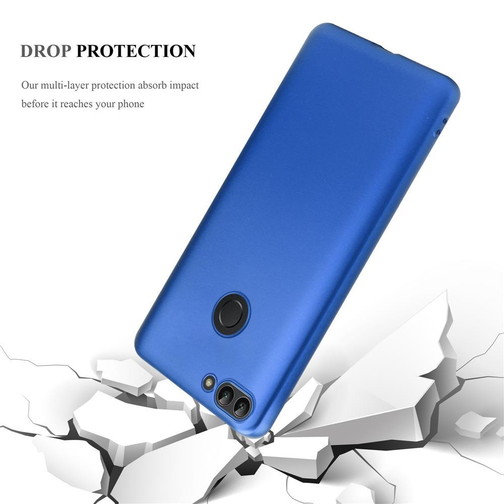 Eine blaue Handyhülle mit einem Telefon mit Text: Drop Protection. Das Telefon zerbricht eine Oberfläche.