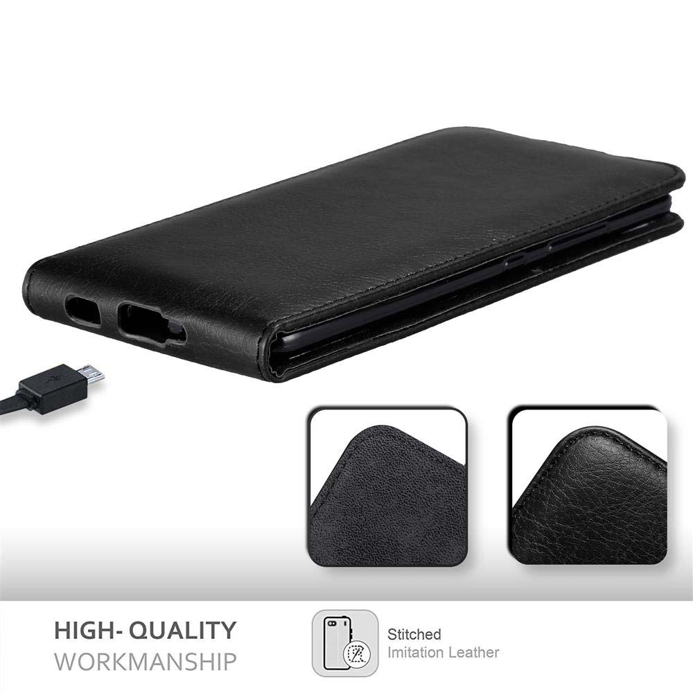 Eine schwarze Handyhülle mit einem Telefon darin. Die Hülle ist geschlossen. Zwei Nahaufnahmen zeigen die Nähte.