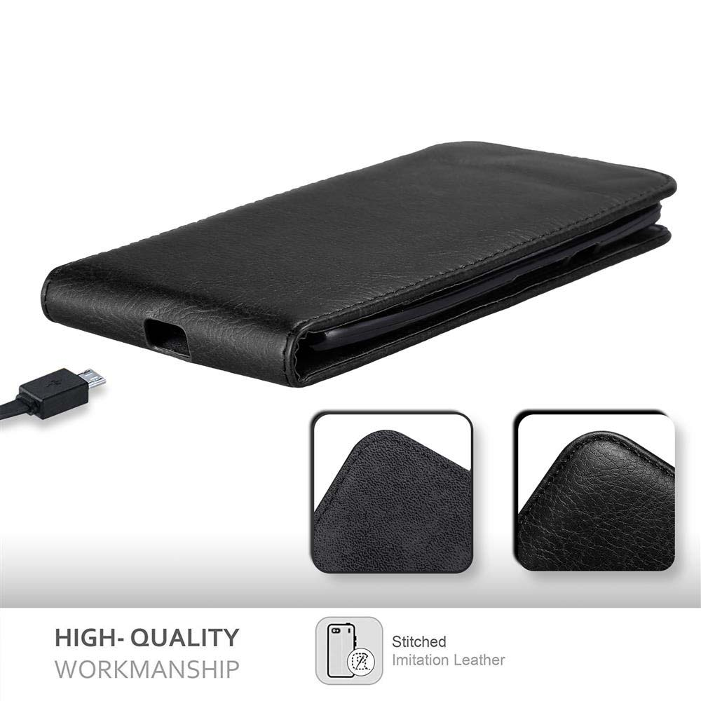 Funda de teléfono negra con cable USB. Se muestran dos detalles de la funda.