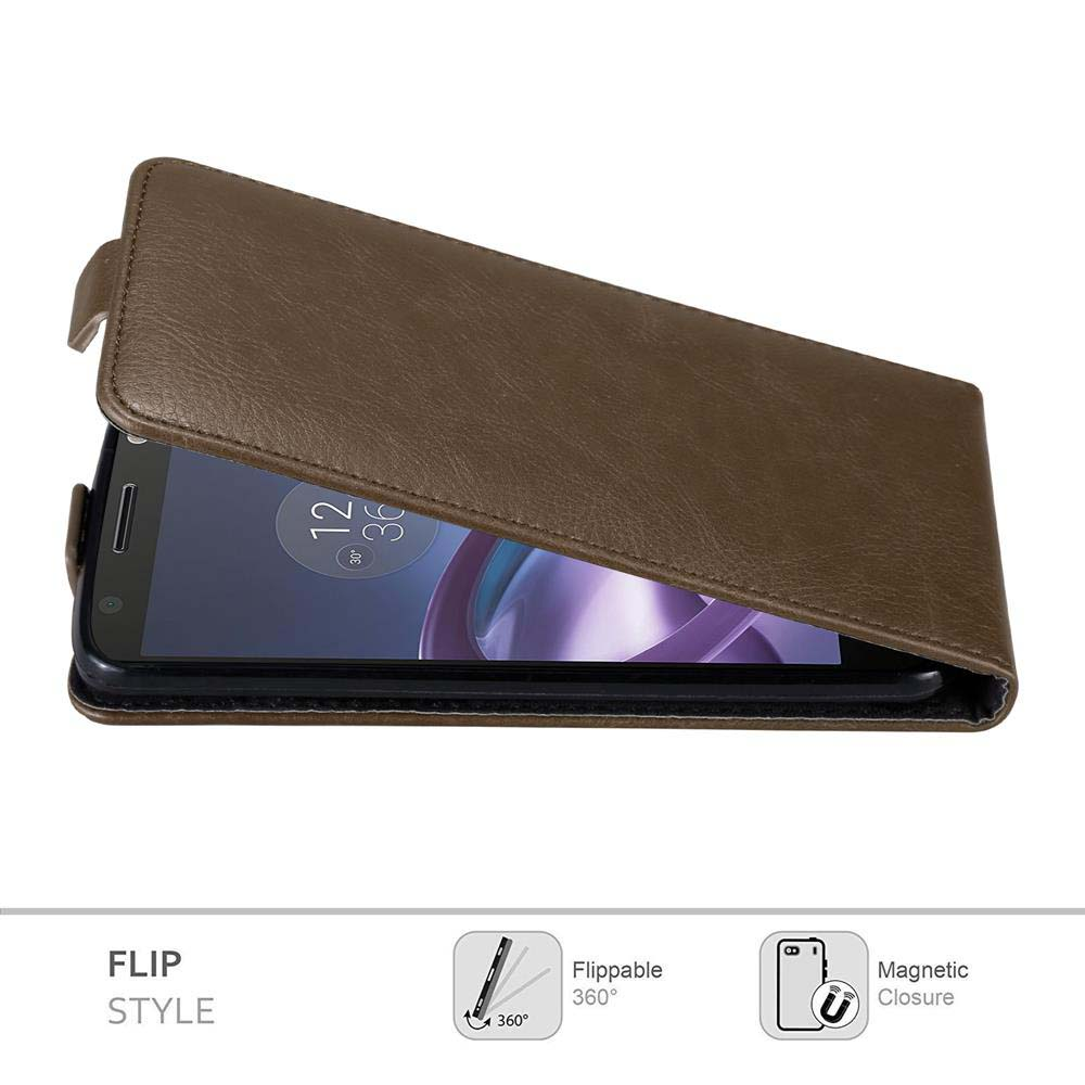 Una custodia a libro in pelle marrone, aperta per rivelare un telefono. Icone per flip, 360 gradi e chiusura magnetica.