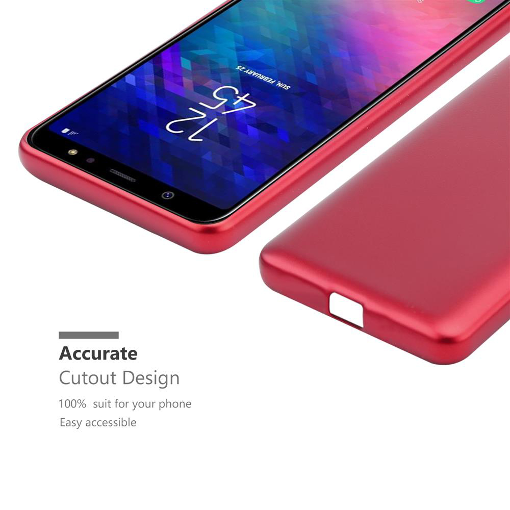 Rotes Telefon und Hülle auf weißer Oberfläche. Das Telefon zeigt Uhrzeit und Datum an.