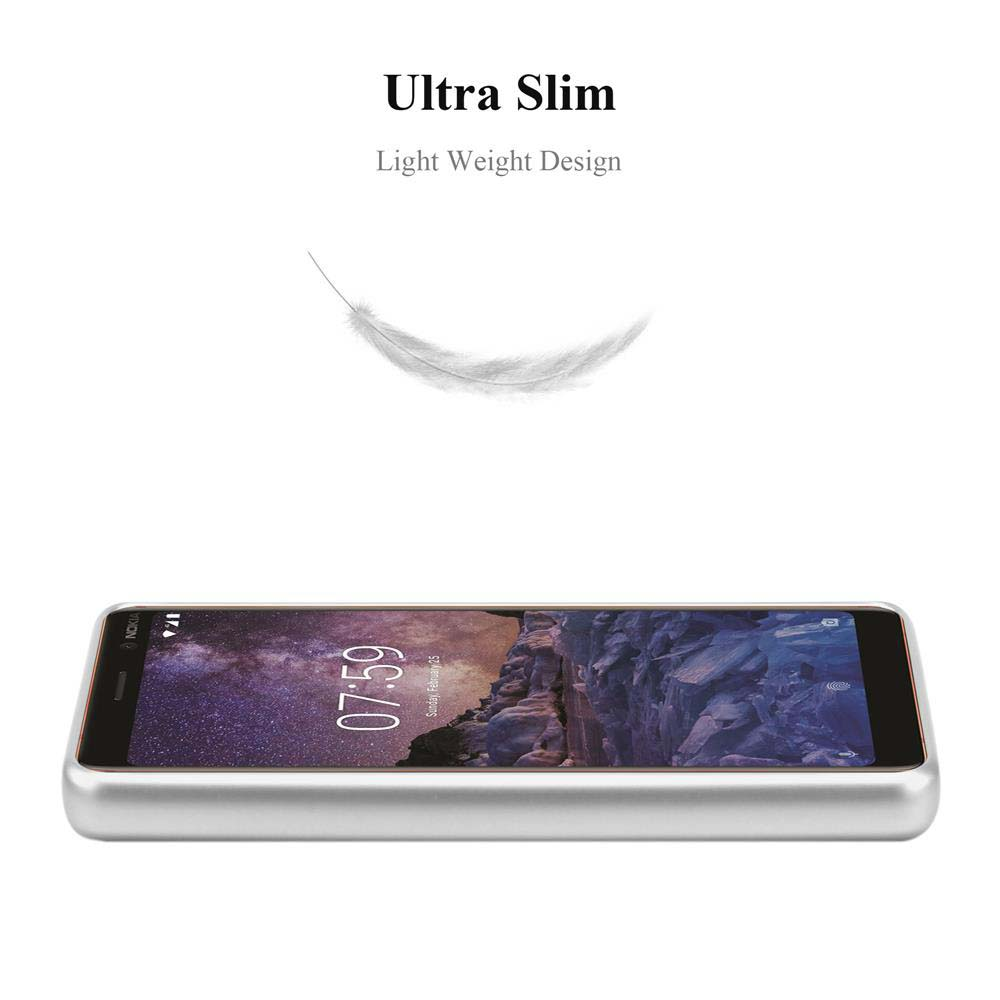Telefon in silbernem Gehäuse mit Feder darüber. Text: Ultra Slim, Light Weight Design. Der Bildschirm ist an.