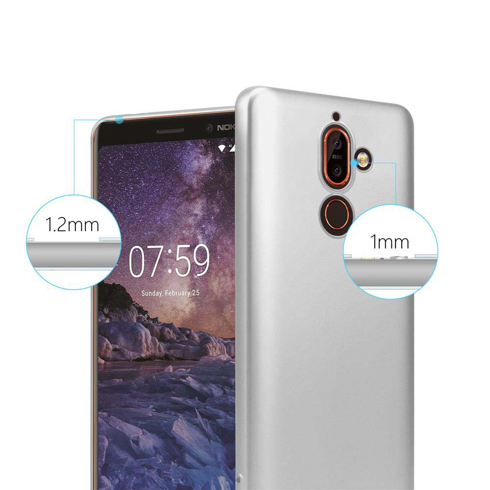 Telefon und Hülle mit Maßen von 1,2 mm und 1 mm. Das Telefon ist silber.