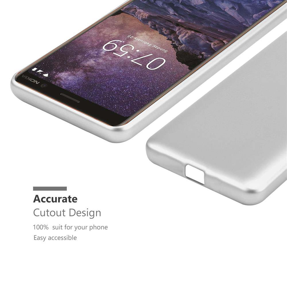 Ein silbernes Telefon liegt auf einer Oberfläche. Text unten: 'Accurate Cutout Design'.