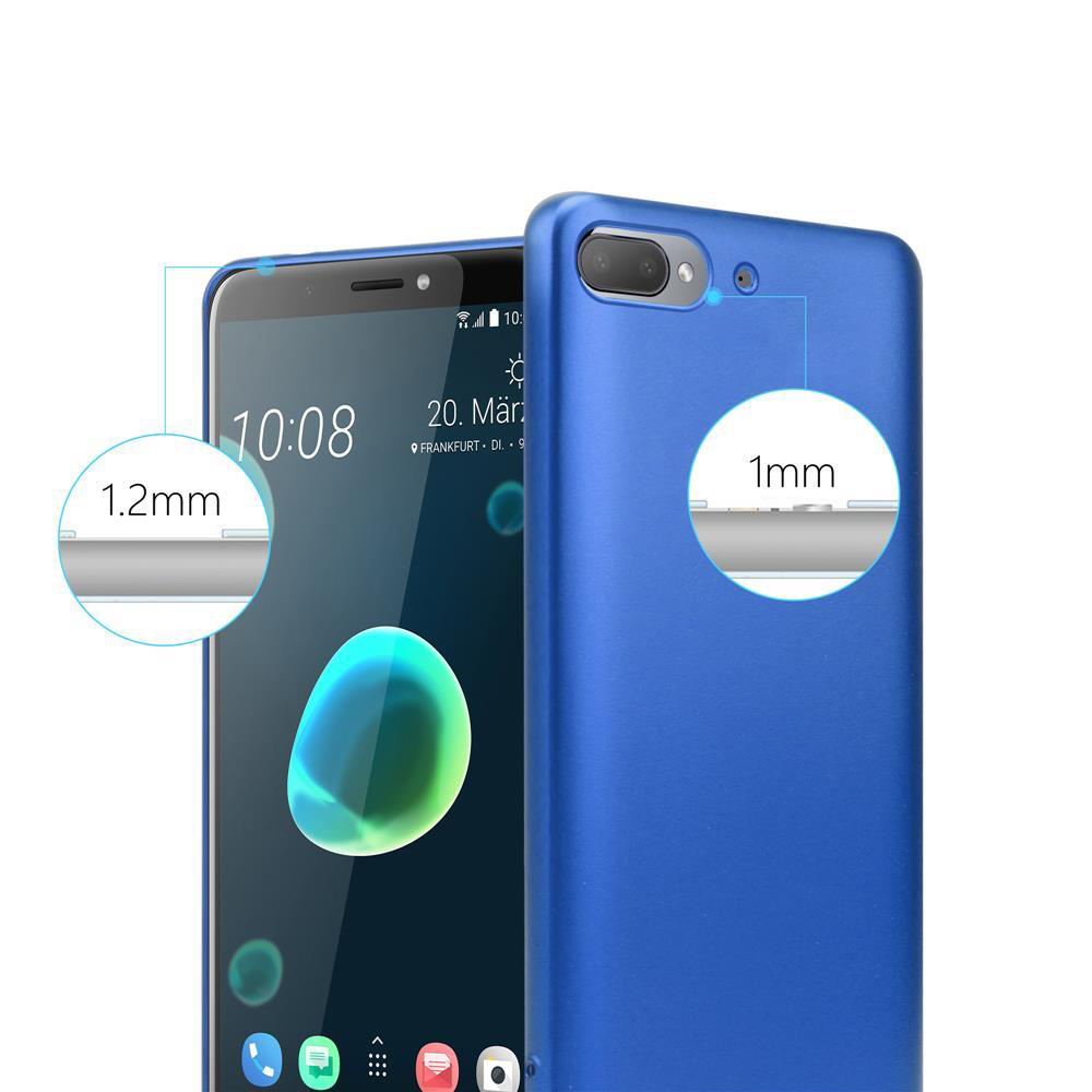 Blaue Handyhülle mit Telefon, zeigt die Dicke der Hülle.