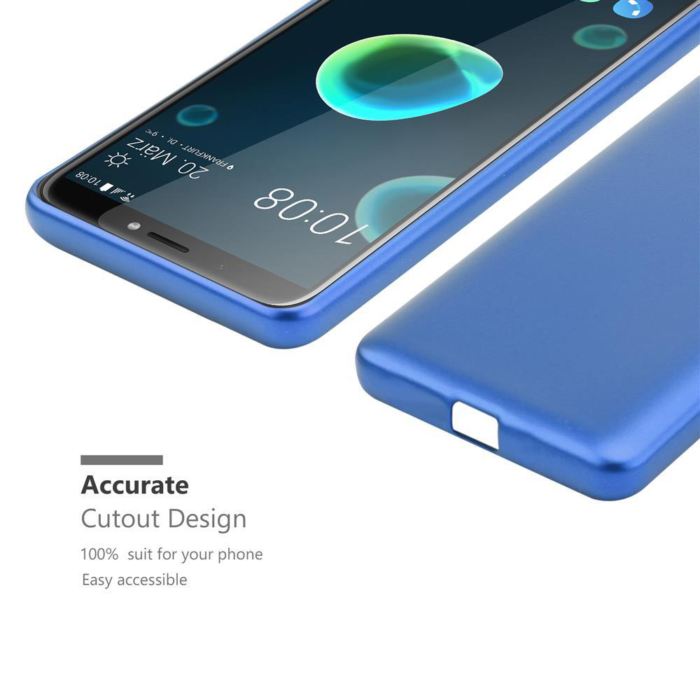 Blaue Handyhülle auf einem Telefon, das den Bildschirm zeigt. Die Hülle liegt auf einer weißen Oberfläche.