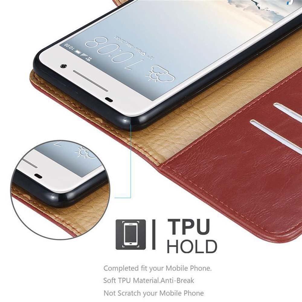 Un teléfono en una funda de cuero marrón. La pantalla del teléfono es visible. Función de soporte TPU.
