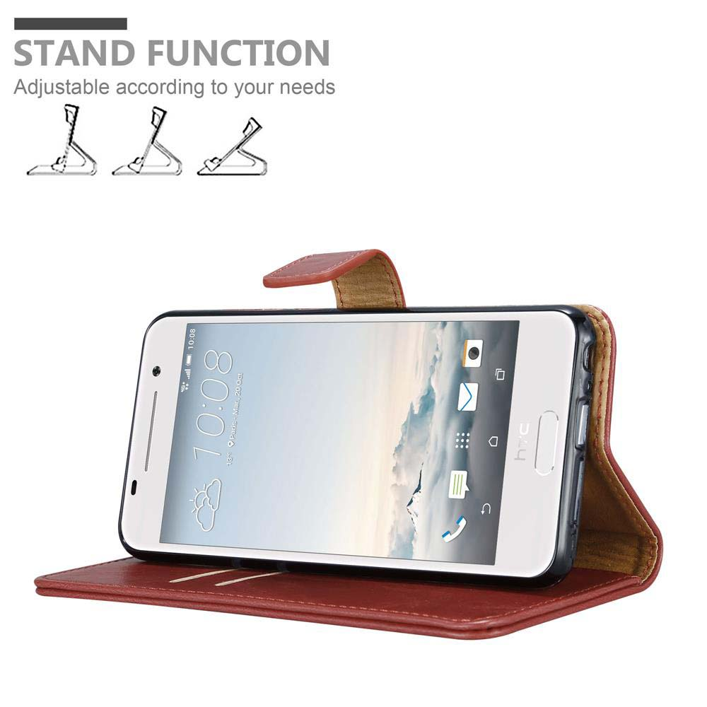 Teléfono en una funda marrón, apoyado. Diagrama de función de soporte mostrado arriba.