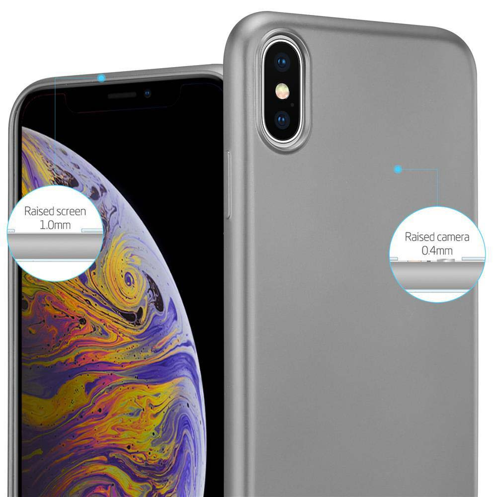 Un telefono argentato con una custodia argentata, che mostra le funzioni di schermo e fotocamera rialzate. Un punto blu evidenzia la fotocamera.