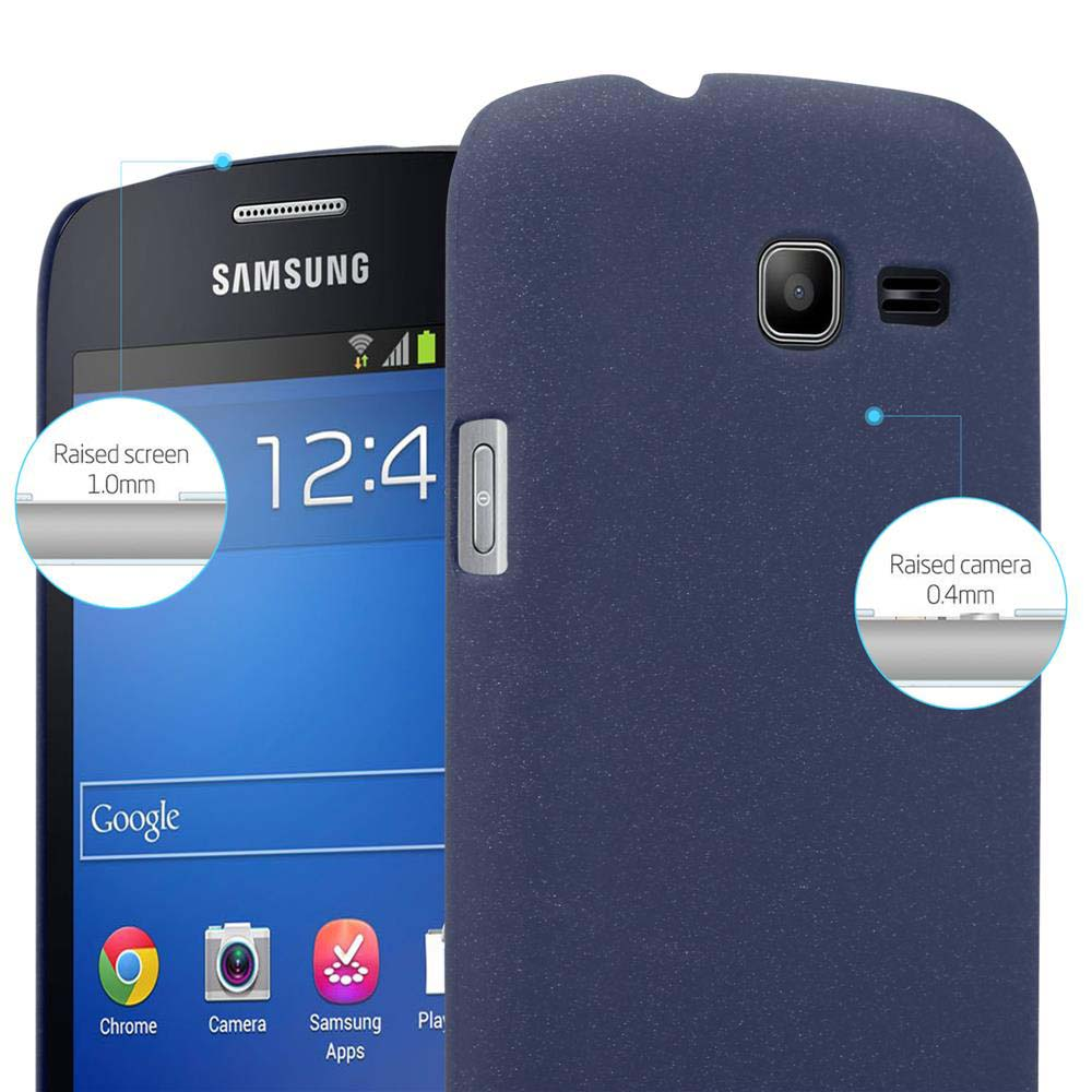 Un téléphone bleu avec un étui bleu marine. Le téléphone porte l'étiquette 'SAMSUNG'. Un cercle met en évidence un écran surélevé et la zone de la caméra.
