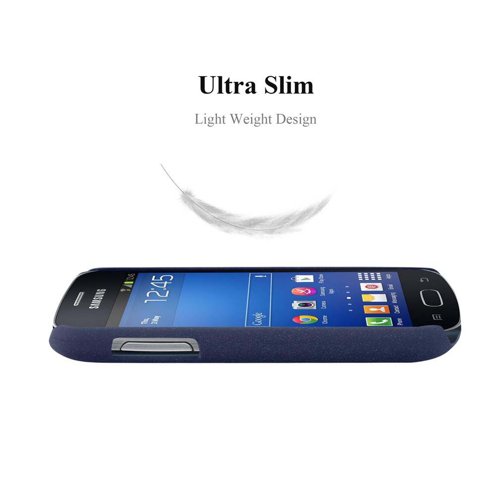 Téléphone noir avec étui bleu foncé. Plume blanche flottant au-dessus du téléphone.