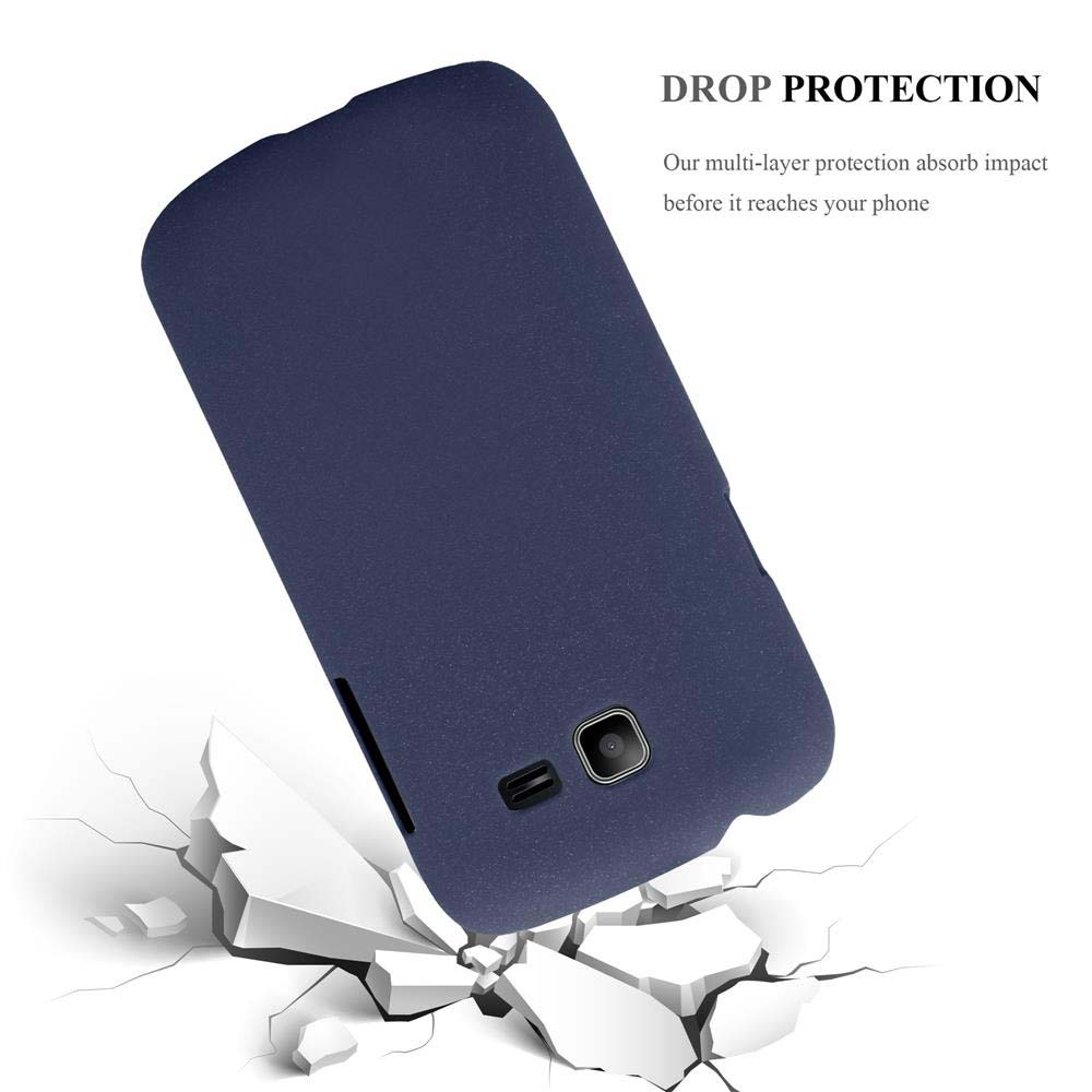Coque de téléphone bleue sur fond blanc. Des fissures sont montrées. Le texte dit Drop Protection, absorbe l'impact.