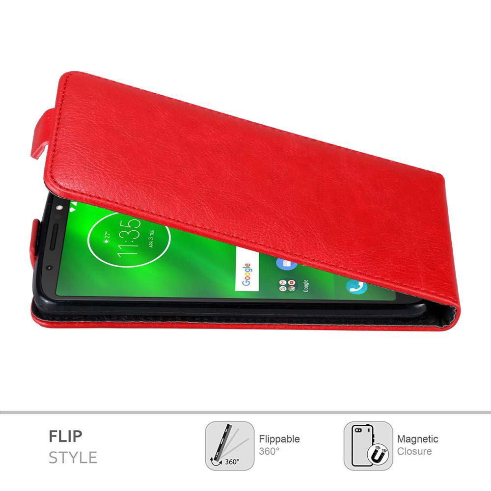 Una custodia per telefono rossa in stile flip, aperta per rivelare uno schermo del telefono, con icone per flip e chiusura magnetica.