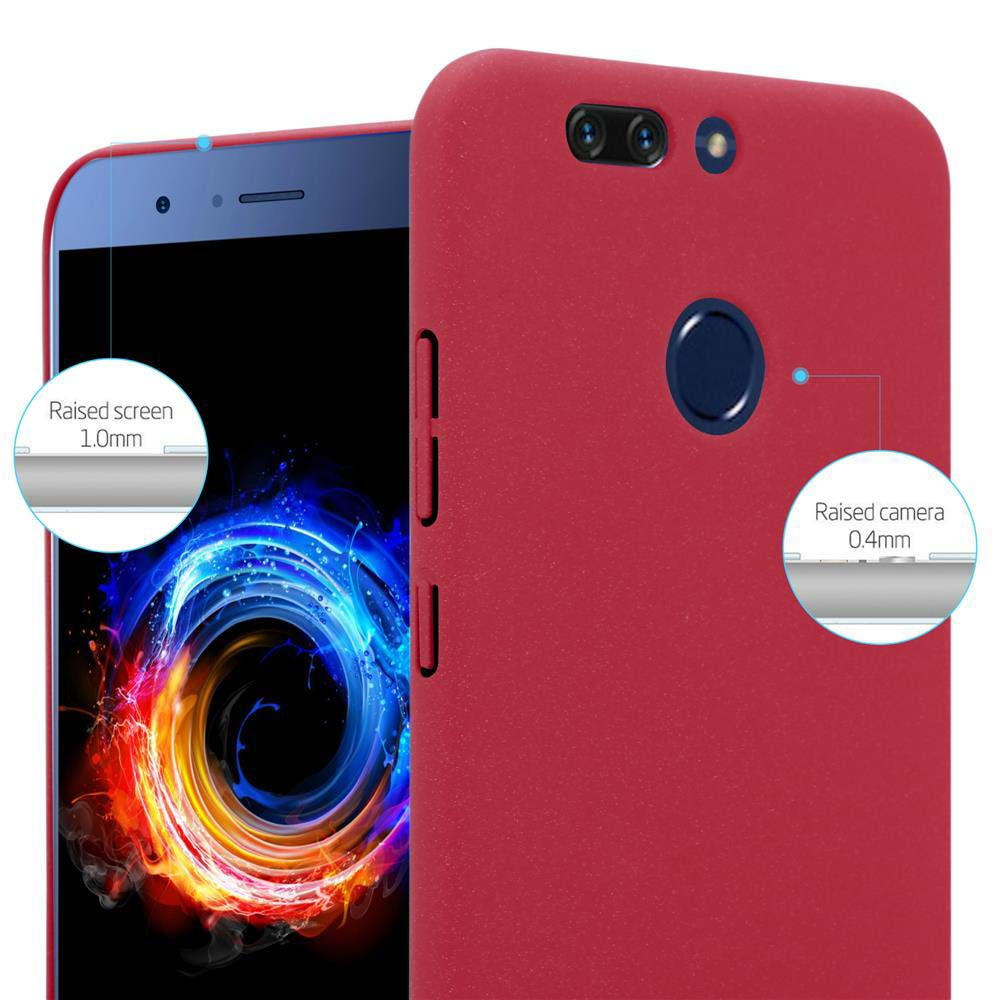 Rote Handyhülle mit erhöhtem Bildschirm und Kamera. Telefon ist blau.