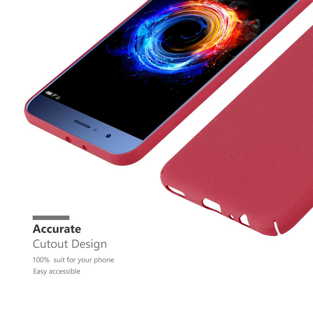 Eine rote Handyhülle. Das Telefon darin hat einen bunten Bildschirm. Die Hülle hat Aussparungen für die Kamera.