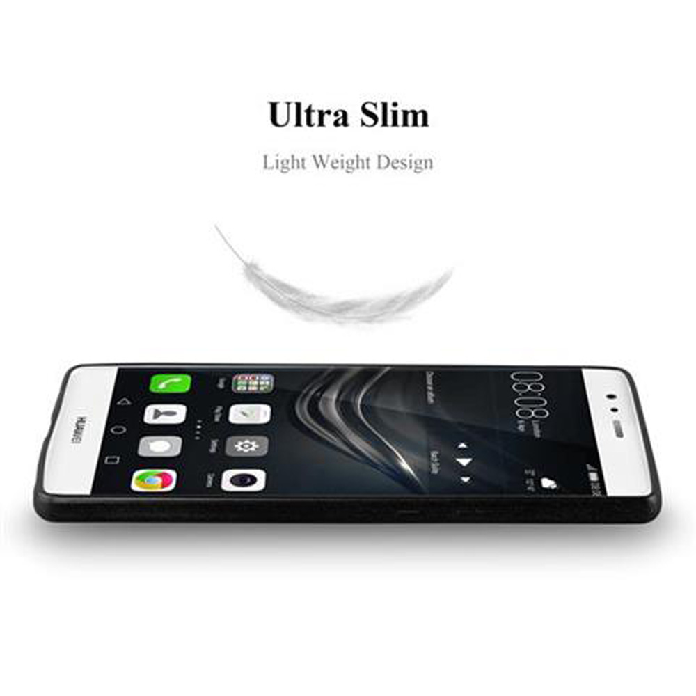 Ein Telefon mit schwarzem Gehäuse auf weißer Oberfläche. Text: 'Ultra Slim, Light Weight Design'.