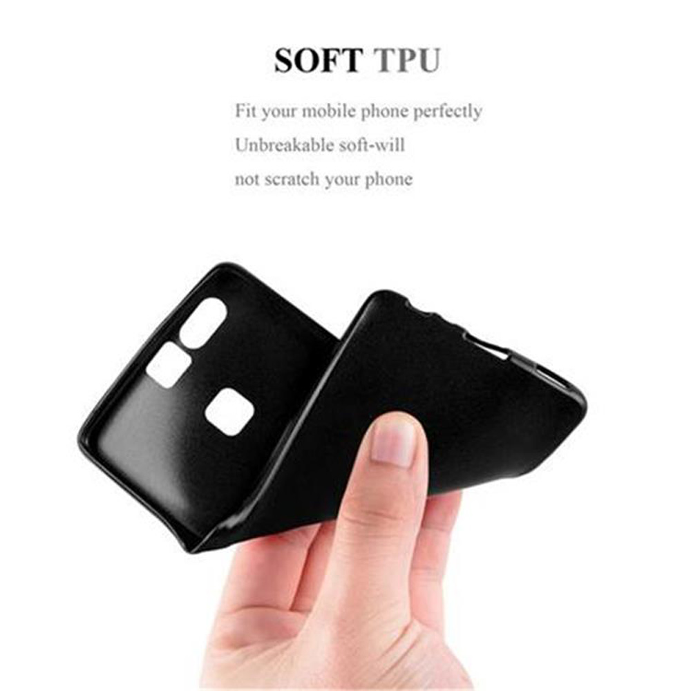 Eine Hand, die eine schwarze Handyhülle hält, mit den Worten Soft TPU und Text, der ihre Eigenschaften beschreibt.