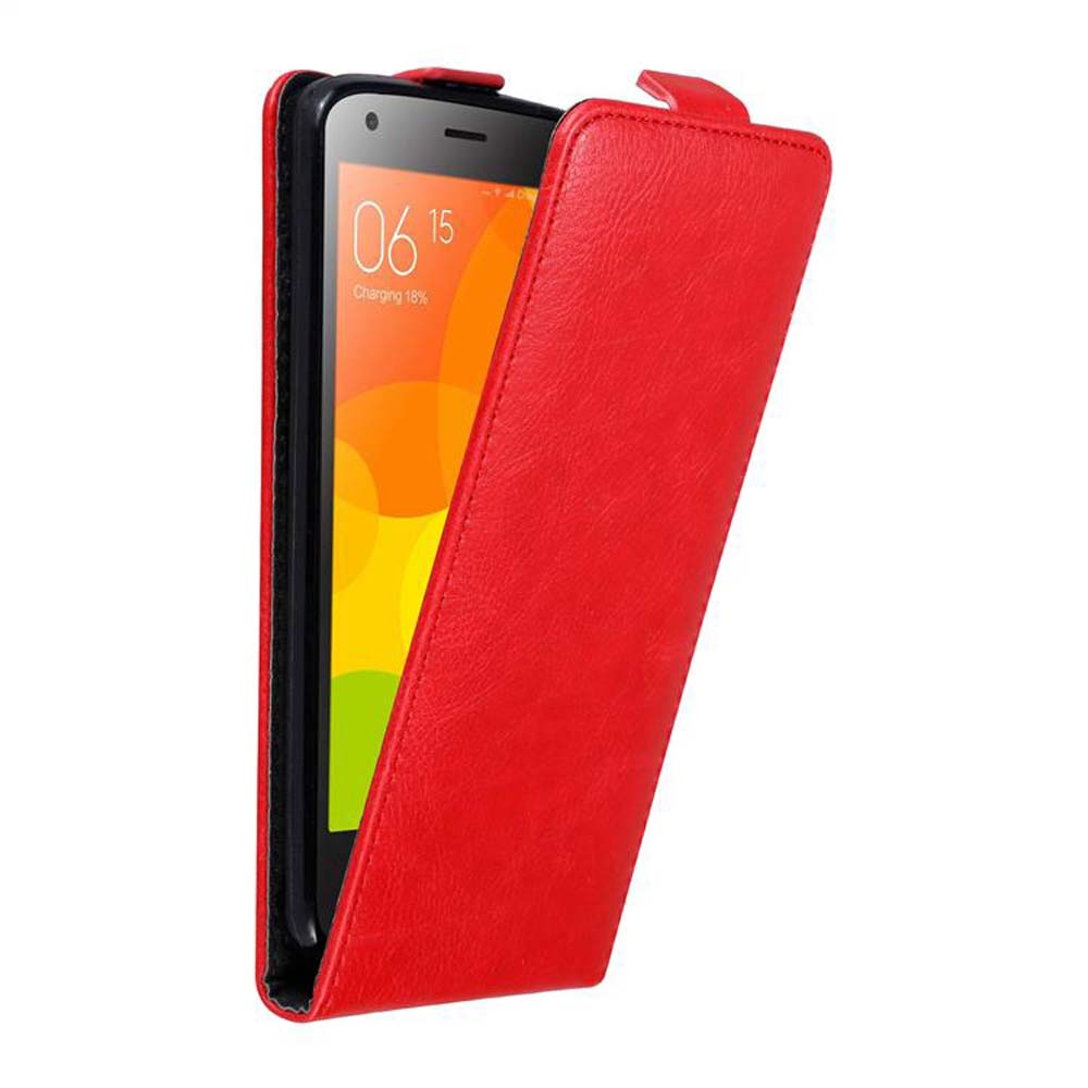Custodia rossa del telefono aperta, mostra un telefono con display di ricarica.