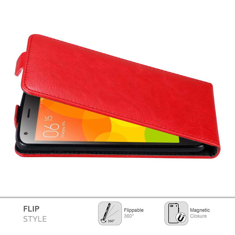 Custodia rossa per telefono aperta con telefono all'interno. Testo 'STILE FLIP' e icone per ribaltabile e chiusura magnetica.