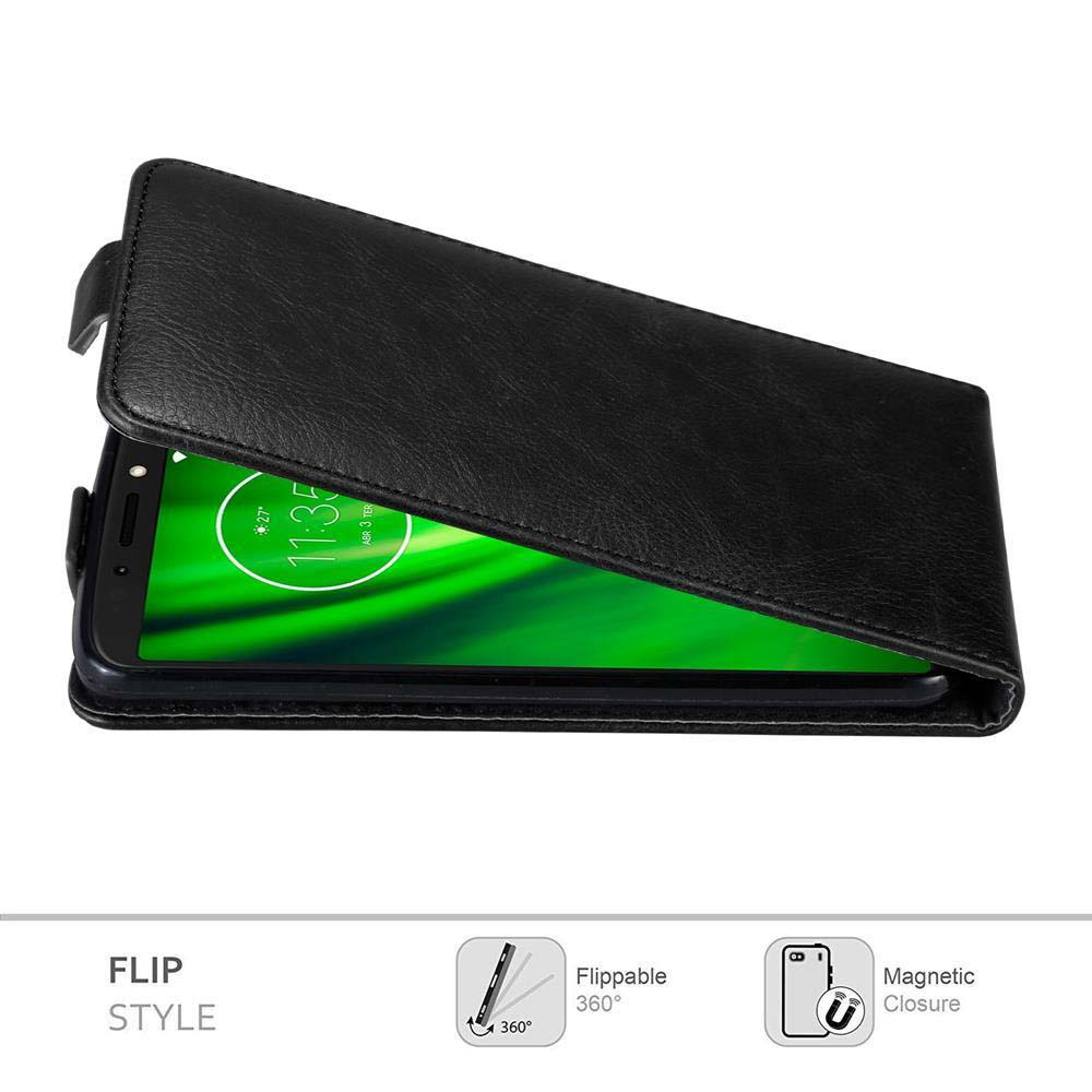 Custodia nera con telefono aperto. Testo: Flip Style, Girevole a 360°, Chiusura magnetica.