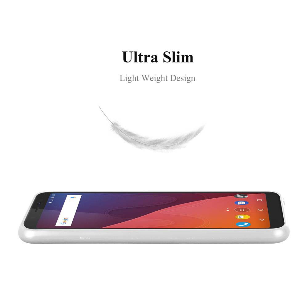 Una custodia bianca per telefono con un telefono bianco all'interno. Testo: Ultra Slim, Design leggero.