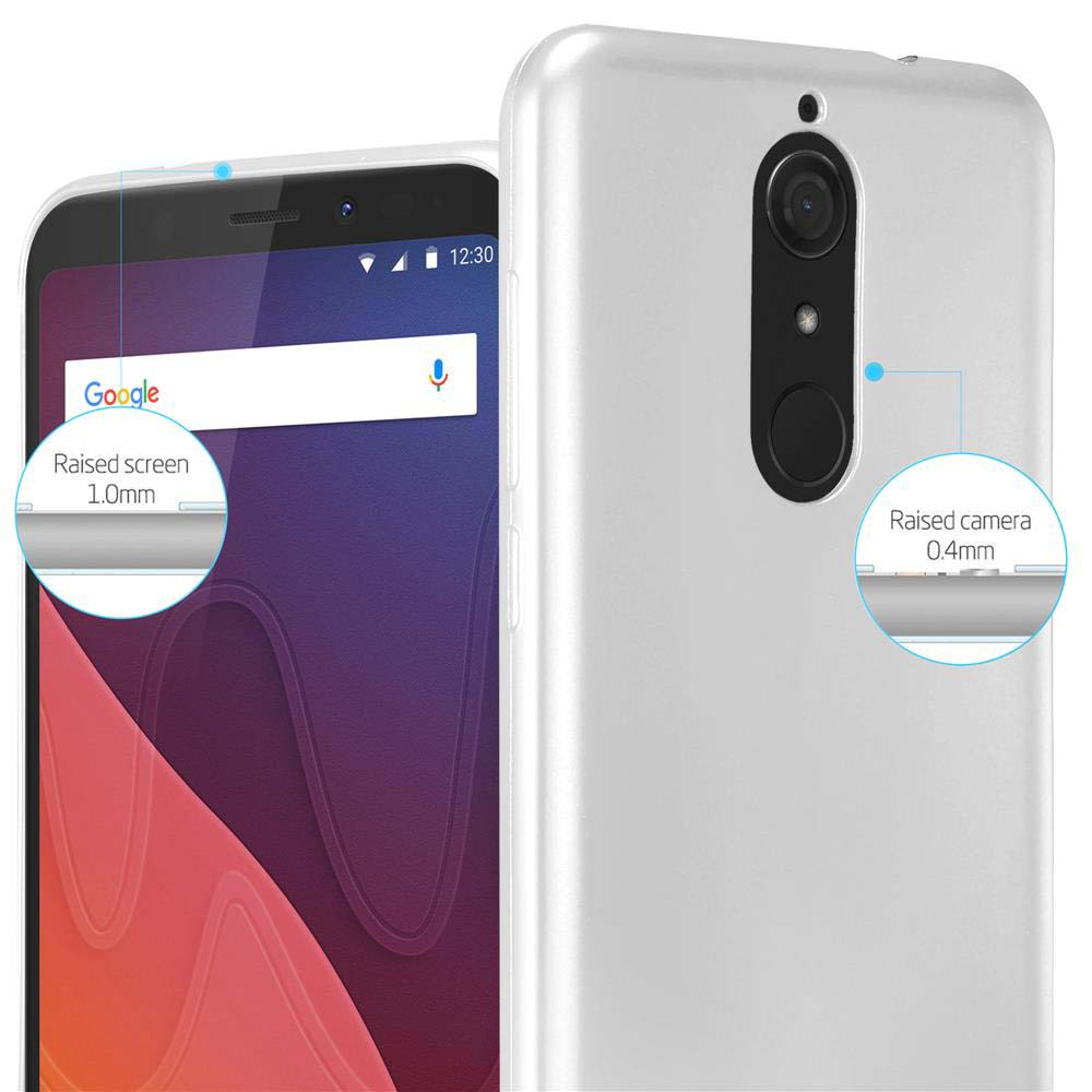 Telefono con schermo e fotocamera. Dettagli schermo e fotocamera rialzati contrassegnati. Custodia bianca.