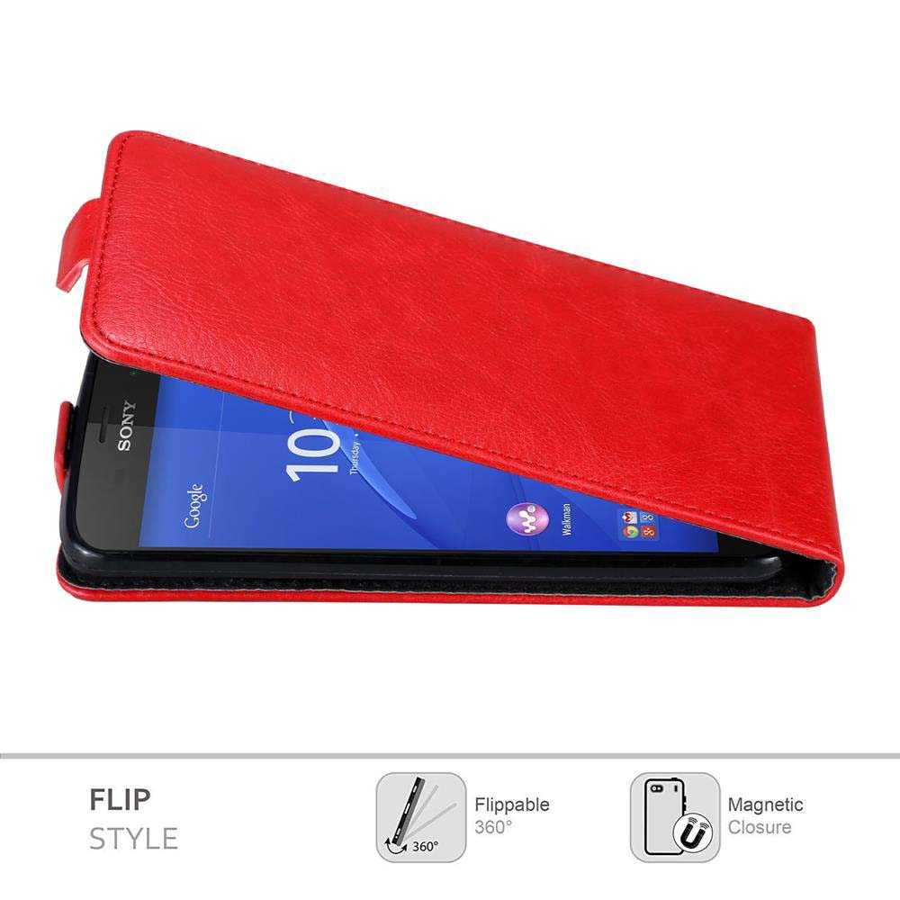 Funda de teléfono con tapa de cuero rojo con un teléfono dentro, abierta. Muestra el logotipo de Sony.