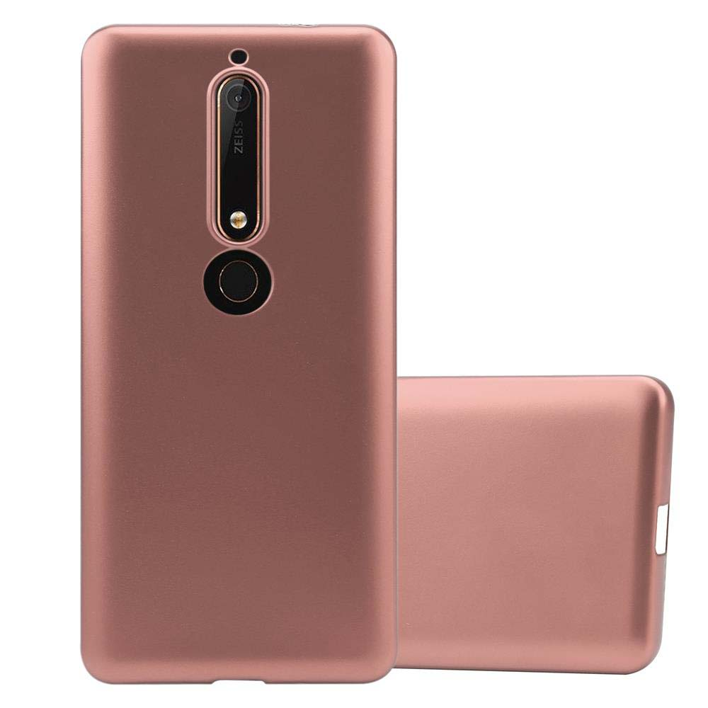 Custodia per telefono oro rosa. La custodia è a destra. Sfondo bianco.