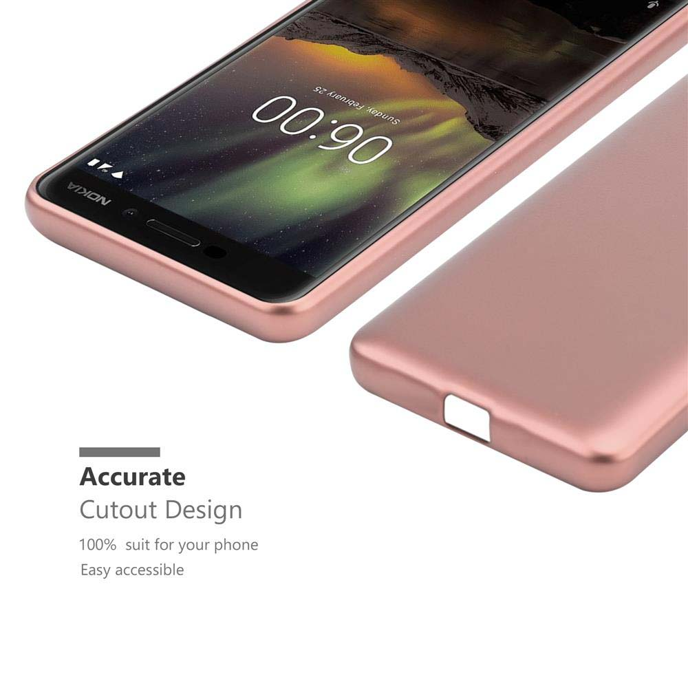 Telefono oro rosa in custodia. La custodia mostra l'ora sullo schermo. Ha un design ritagliato.