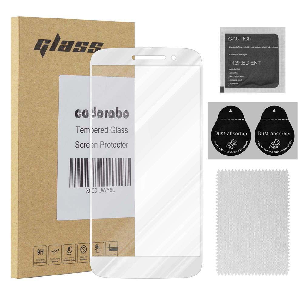 Una protezione per lo schermo del telefono con accessori. Una scatola, una salvietta e un assorbitore di polvere.