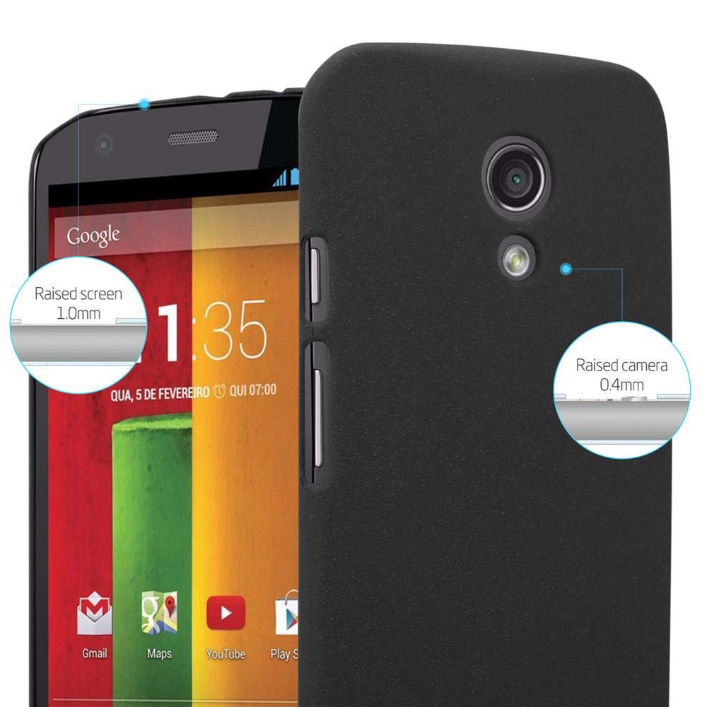 Un telefono nero con protezione schermo e custodia protettiva. La custodia ha schermo e fotocamera rialzati.