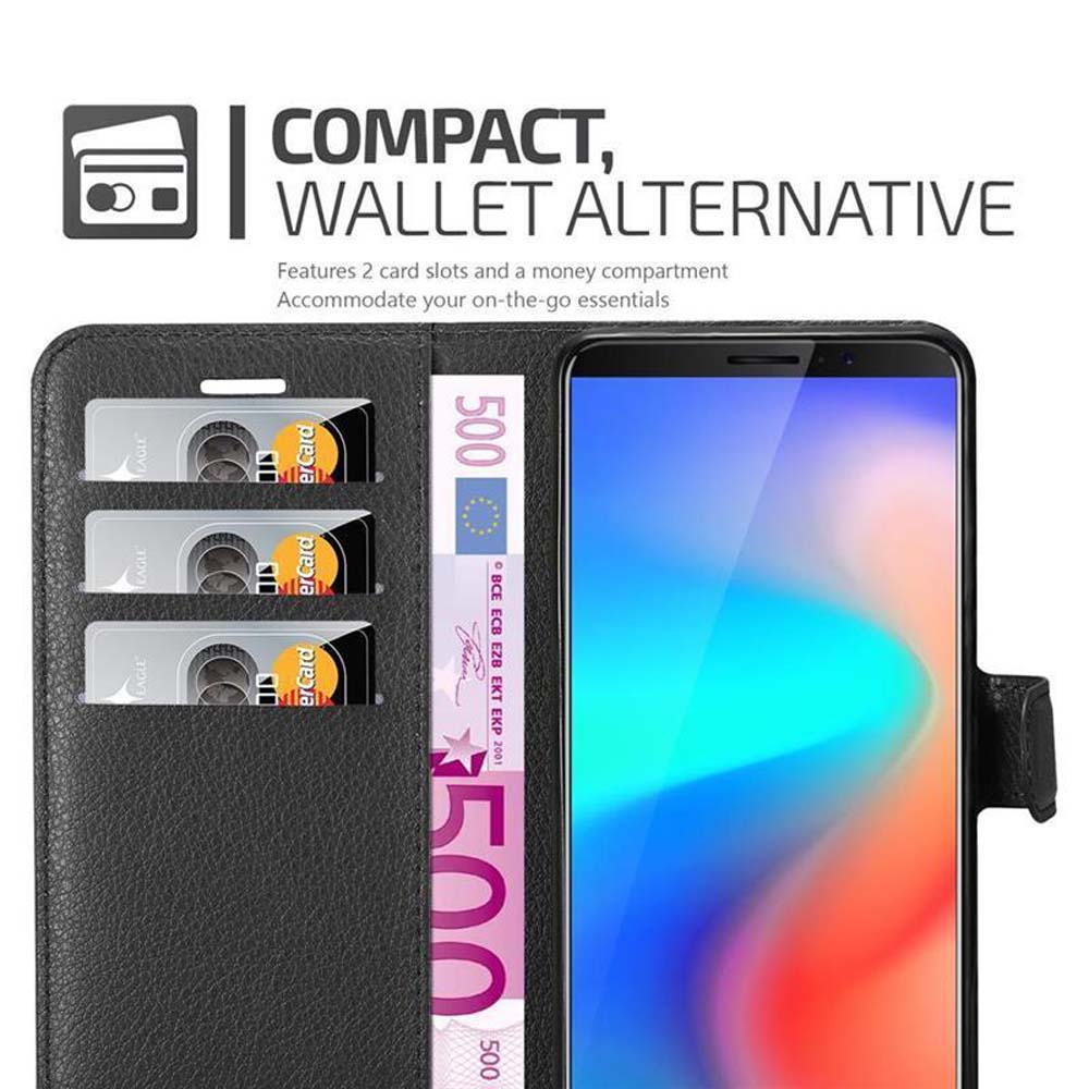 Schwarzes Telefon-Portemonnaie mit Karten und Geld. Das Portemonnaie hat Karten und 500€-Schein.