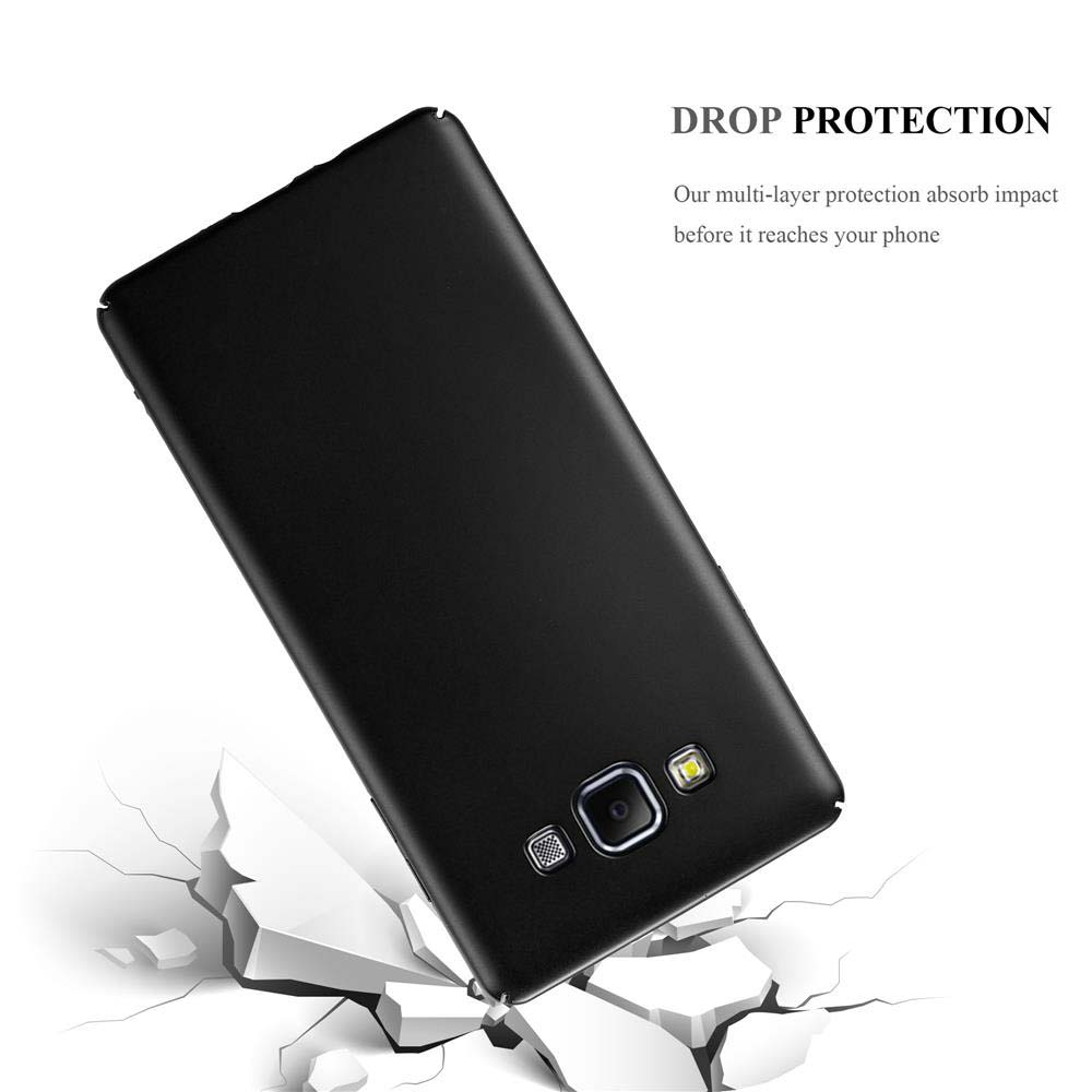 Eine schwarze Handyhülle fällt und den Boden zerbricht. Der Text oben lautet 'DROP PROTECTION'.