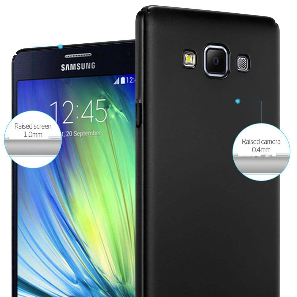 Schwarzes Telefon mit schwarzer Hülle, zeigt Bildschirm- und Kameradetails.