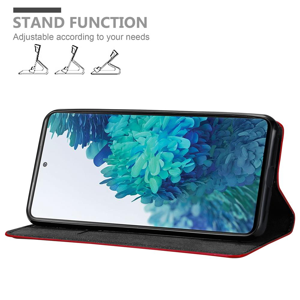 Telefon in roter Hülle, geöffnet. Das Telefon zeigt eine farbenfrohe Anzeige. Standfunktion mit drei Standpositionen.