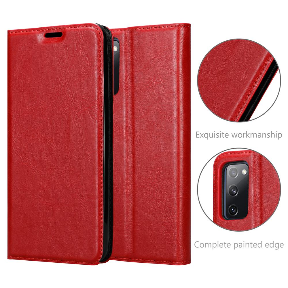 Eine rote Handyhülle ist geöffnet, mit einem Telefon im Inneren. Der Text erwähnt exquisite Verarbeitung und vollständige lackierte Kante.