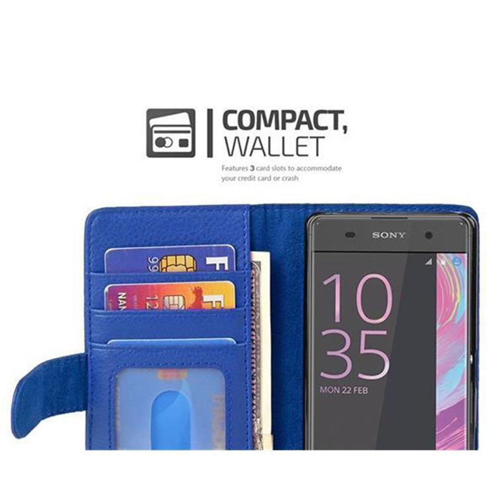 Telefon in blauer Brieftasche, offen. Karten und Bargeld sind sichtbar. Telefon ist rechts.