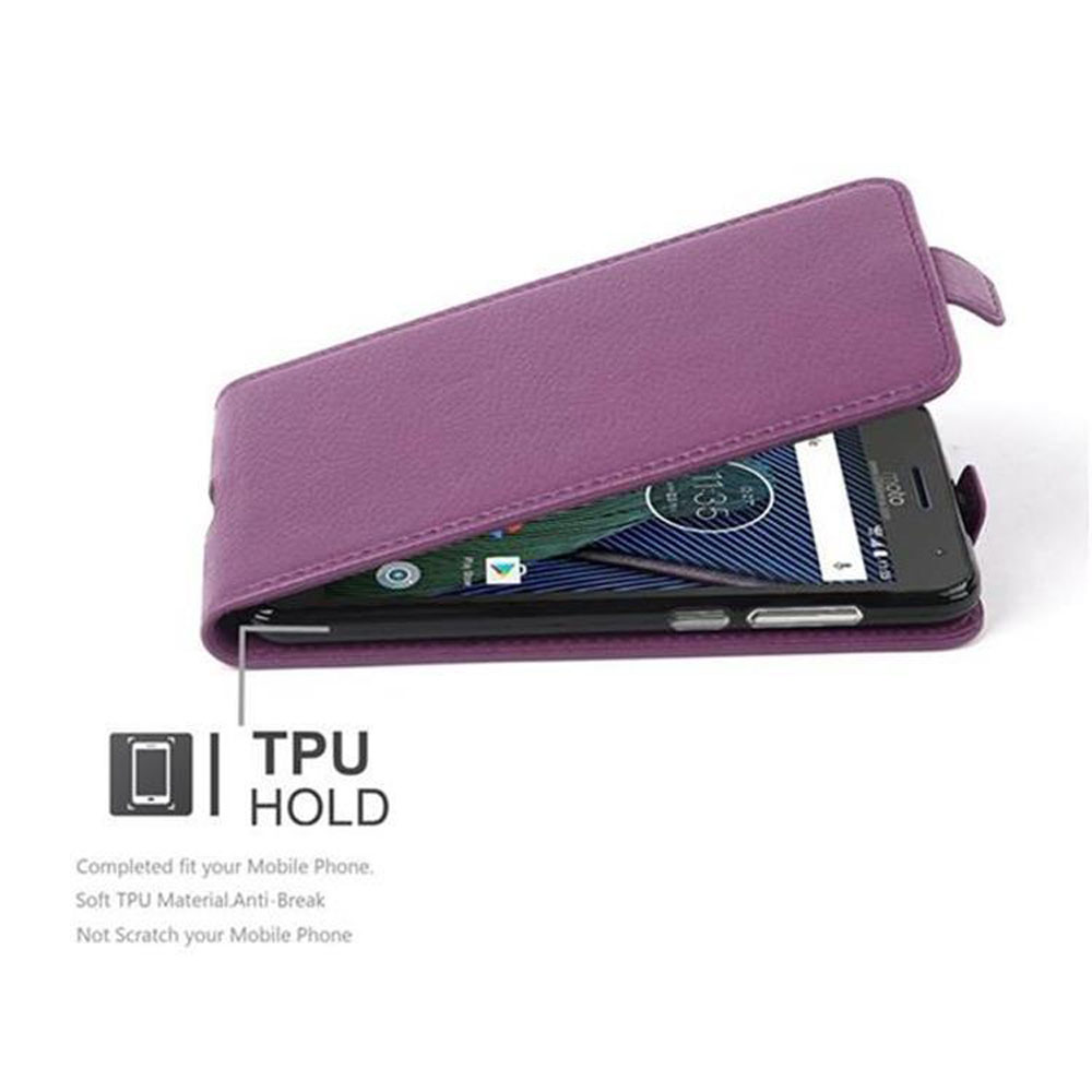Lila Handyhülle, geöffnet, mit Telefon darin. Text: TPU HOLD. Weißer Hintergrund.