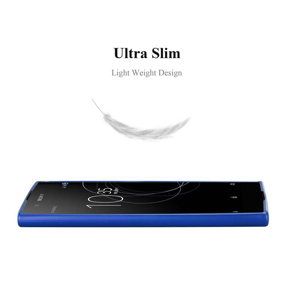 Smartphone mit leichtem Design. Eine Feder über dem Telefon. Das Telefon ist blau.