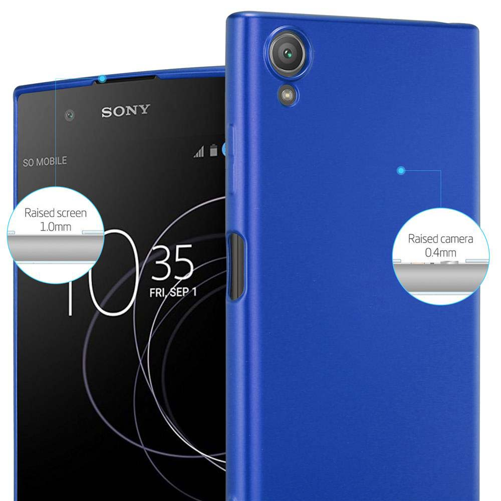Blaue Handyhülle und Telefon. Erhöhte Bildschirm- und Kameradetails. Weißer Hintergrund.