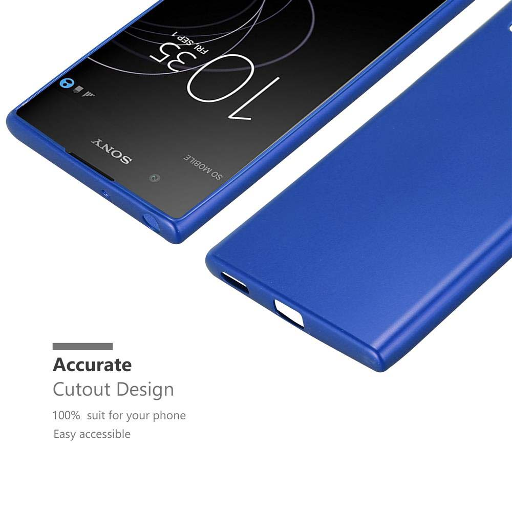 Blaue Handyhülle und Telefon. Text: Accurate Cutout Design, 100% passend für Ihr Telefon, Einfacher Zugriff.