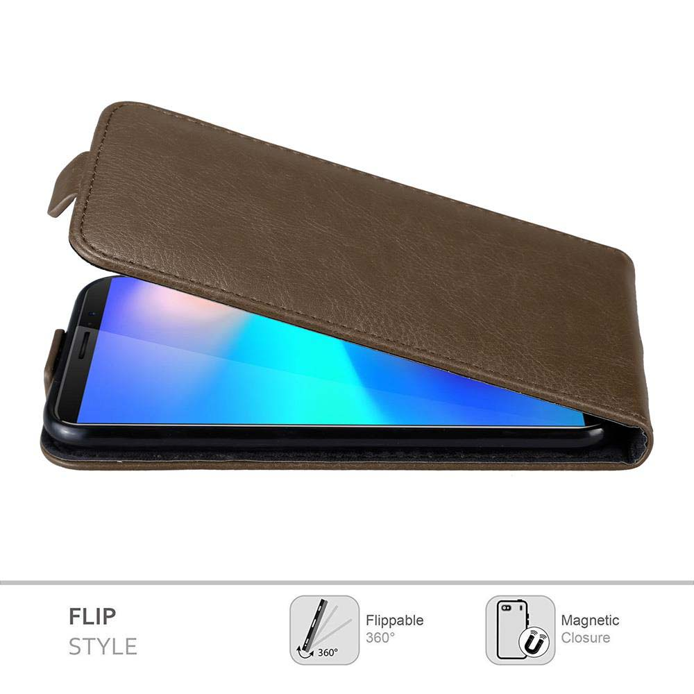 Braune Leder-Flip-Hülle mit Telefon. Text: 'Flip Style'. Symbole: klappbar, Magnetverschluss.