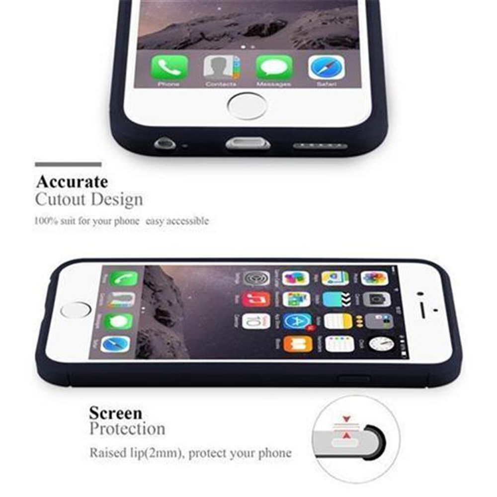 Telefono nero in una custodia, con testo che dice design con ritagli precisi e protezione dello schermo.