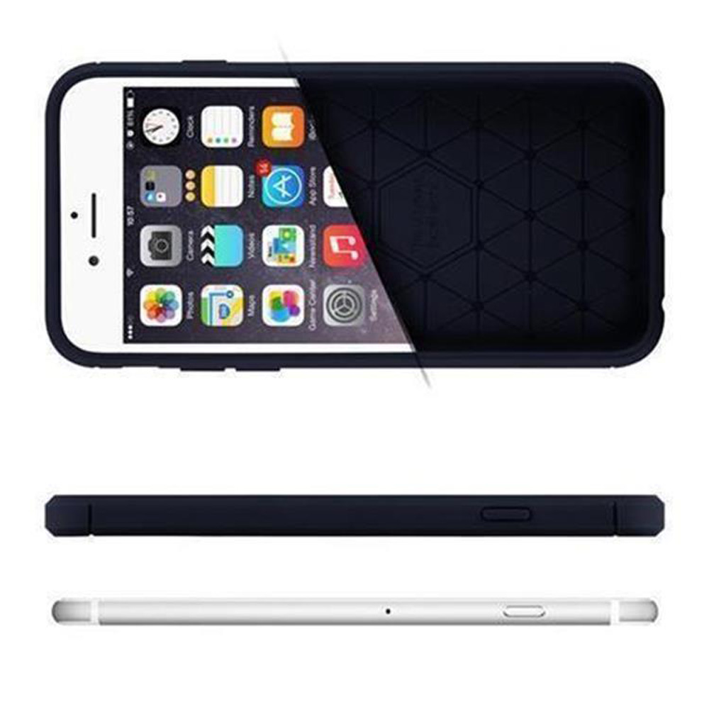 Telefono in una custodia blu scuro, viste inferiore e laterale, con icone sullo schermo.