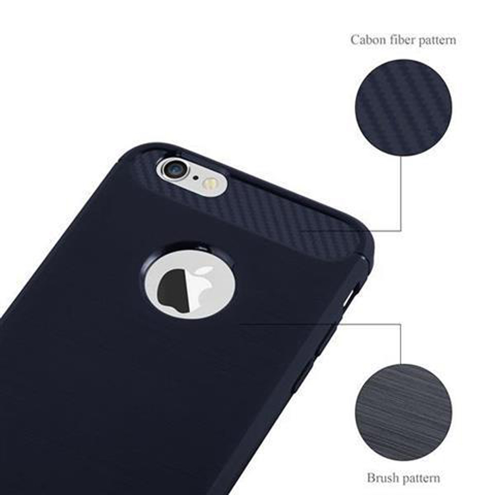 Una custodia blu navy con logo Apple. Vengono mostrati due motivi circolari. Sfondo bianco.