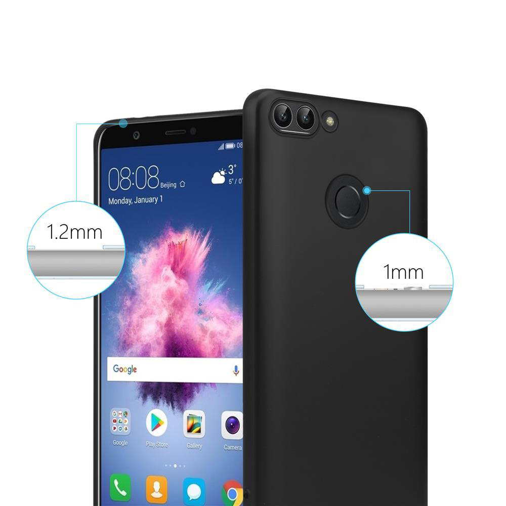 Schwarzes Telefon und Hülle. Nahaufnahme der Dicke von Telefon und Hülle.
